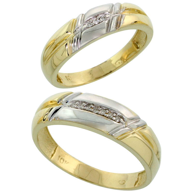 10k Yellow Gold Diamond 2 Piece Wedding Ring Set His 6mm & Hers 5.5mm, Men's Size 8 to 14
