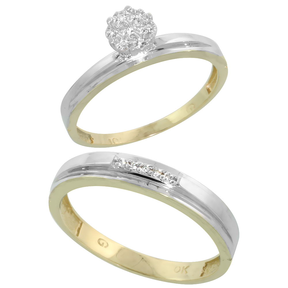 10k Yellow Gold Diamond Engagement Rings Set for Men and Women 2-Piece 0.08 cttw Brilliant Cut, 3mm & 4mm wide
