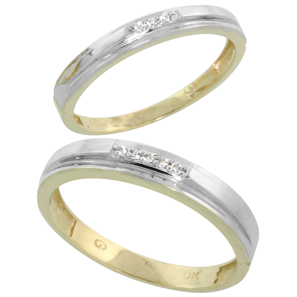 10k Yellow Gold Diamond 2 Piece Wedding Ring Set His 4mm &amp; Hers 3mm, Men&#039;s Size 8 to 14