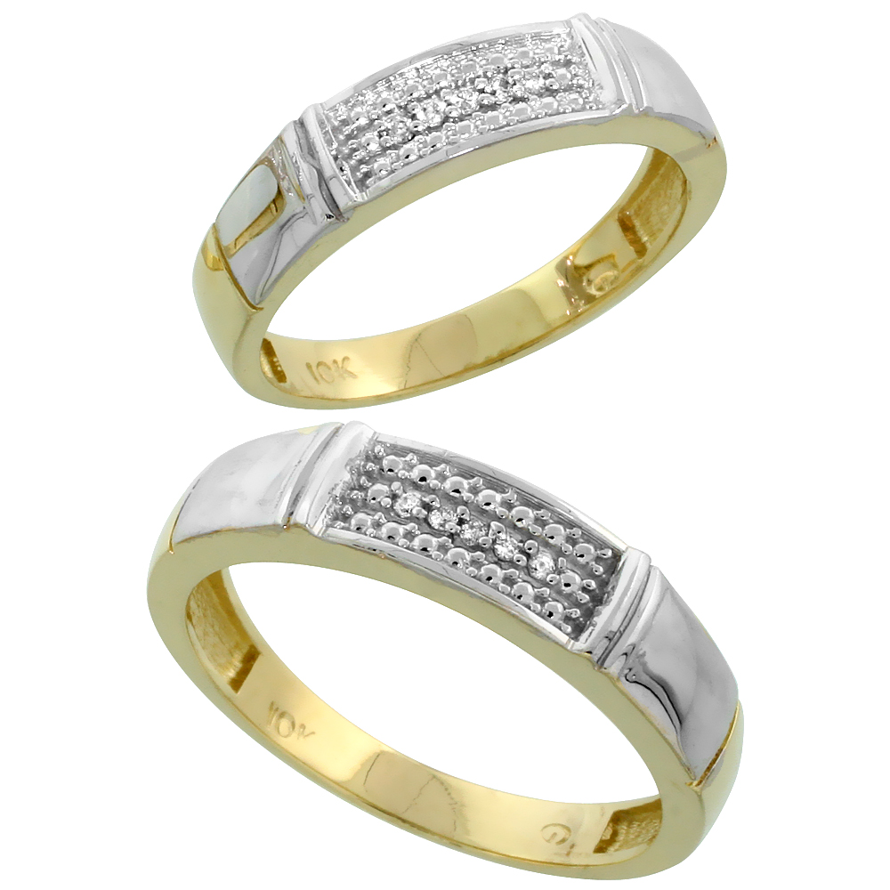 10k Yellow Gold Diamond 2 Piece Wedding Ring Set His 5mm &amp; Hers 4.5mm, Men&#039;s Size 8 to 14
