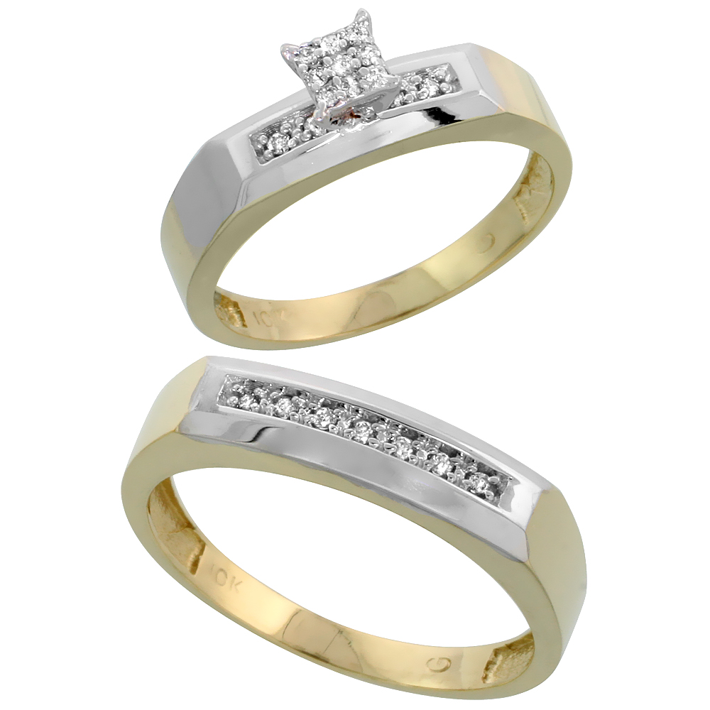 10k Yellow Gold Diamond Engagement Rings Set for Men and Women 2-Piece 0.11 cttw Brilliant Cut, 4.5mm & 5mm wide
