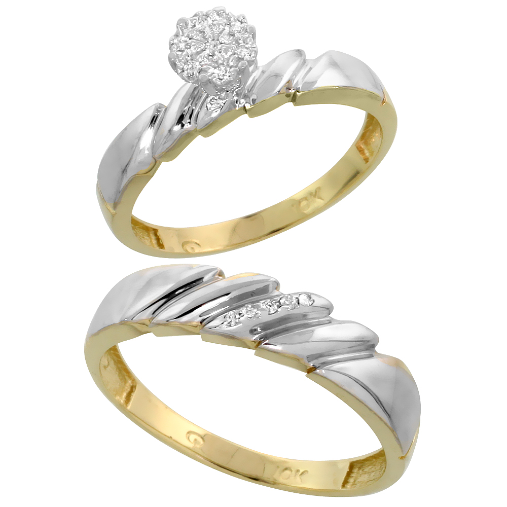 10k Yellow Gold Diamond Engagement Rings Set for Men and Women 2-Piece 0.08 cttw Brilliant Cut, 4mm & 5mm wide