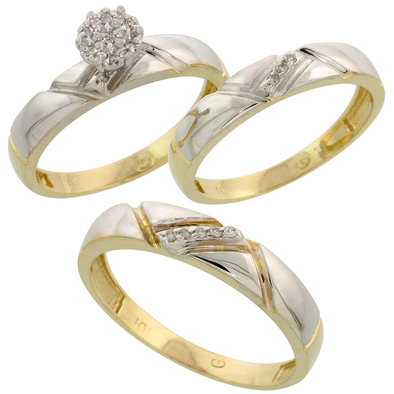 10k Yellow Gold Diamond Trio Engagement Wedding Ring Set for Him and Her 3-piece 4.5 mm & 4 mm wide 0.10 cttw Brilliant Cut, lad