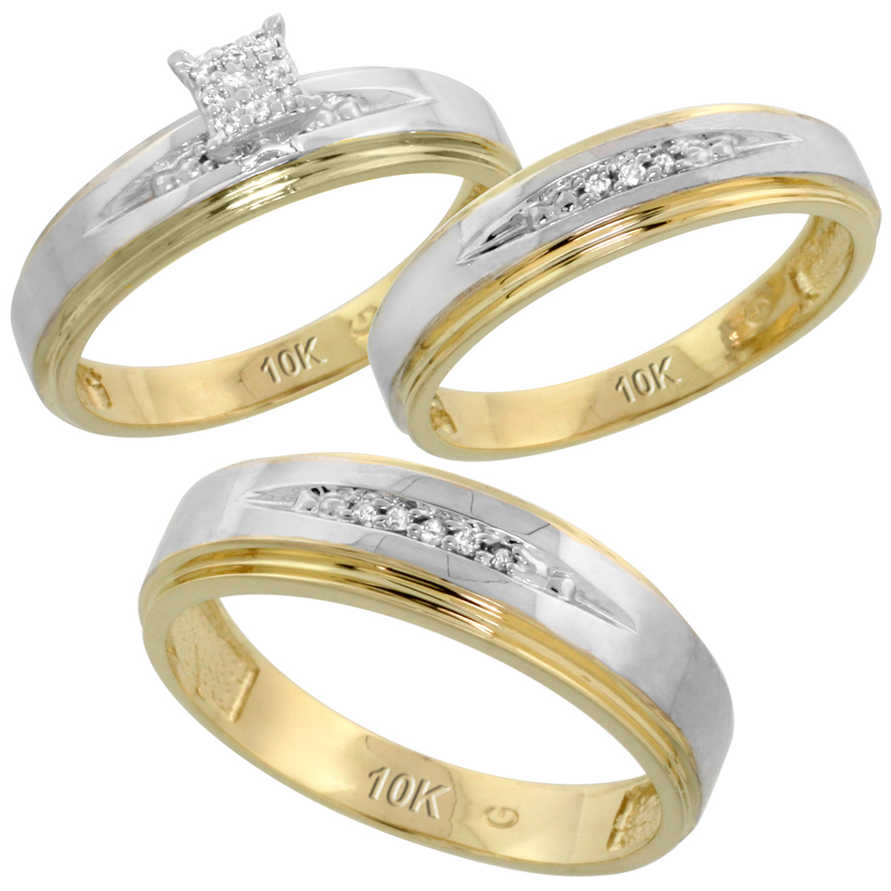 10k Yellow Gold Diamond Trio Engagement Wedding Ring Set for Him and Her 3-piece 6 mm & 5 mm wide 0.11 cttw Brilliant Cut, ladies sizes 5 � 10, mens sizes 8 - 14