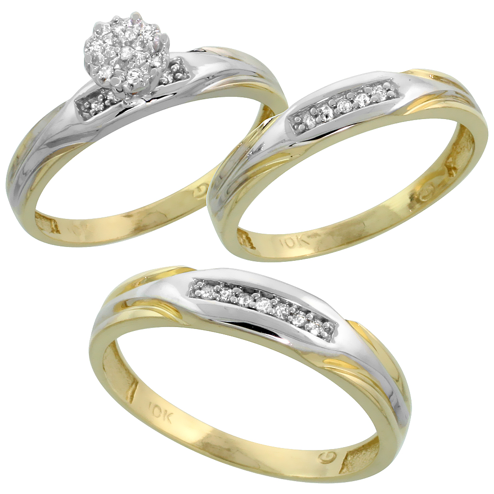 10k Yellow Gold Diamond Trio Engagement Wedding Ring Set for Him and Her 3-piece 4.5 mm & 3.5 mm wide 0.13 cttw Brilliant Cut, l