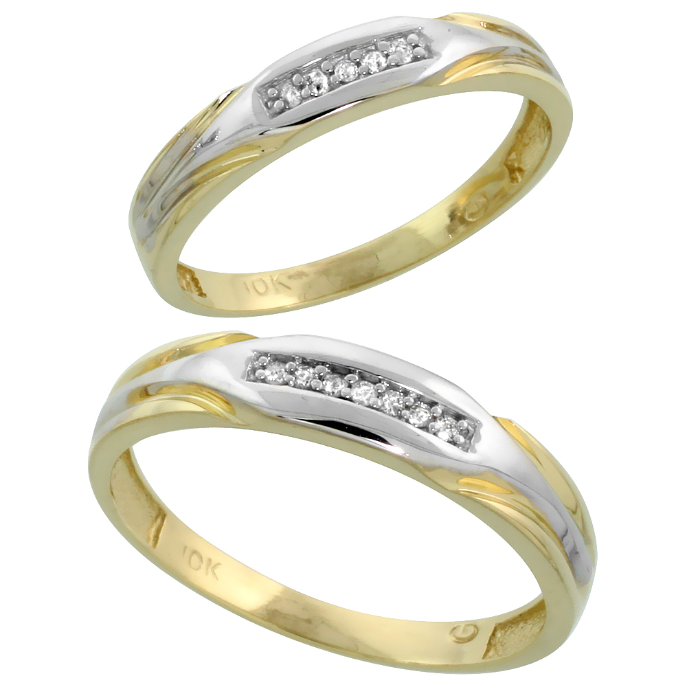 10k Yellow Gold Diamond 2 Piece Wedding Ring Set His 4.5mm &amp; Hers 3.5mm, Men&#039;s Size 8 to 14