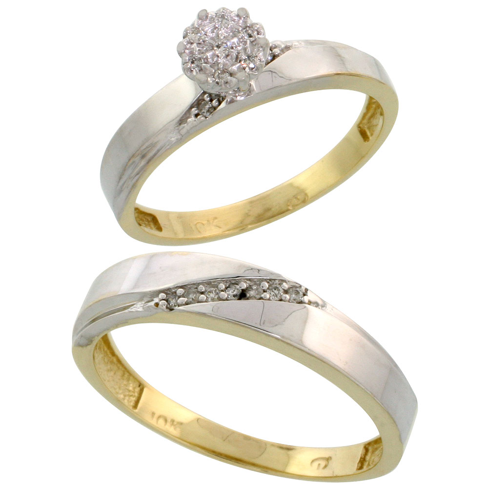 10k Yellow Gold Diamond Engagement Rings Set for Men and Women 2-Piece 0.10 cttw Brilliant Cut, 3.5mm &amp; 4.5mm wide