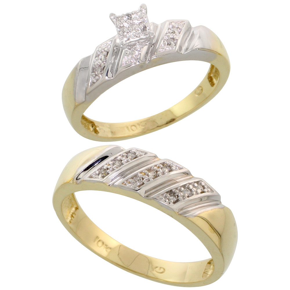 10k Yellow Gold Diamond Engagement Rings Set for Men and Women 2-Piece 0.12 cttw Brilliant Cut, 5mm & 6mm wide