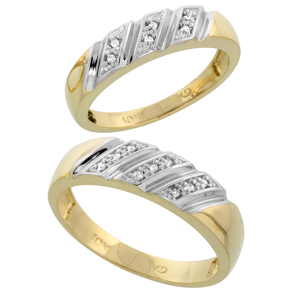 10k Yellow Gold Diamond 2 Piece Wedding Ring Set His 6mm &amp; Hers 5mm, Men&#039;s Size 8 to 14