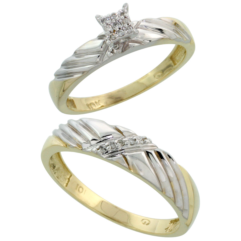 10k Yellow Gold Diamond Engagement Rings Set for Men and Women 2-Piece 0.09 cttw Brilliant Cut, 3.5mm & 5mm wide