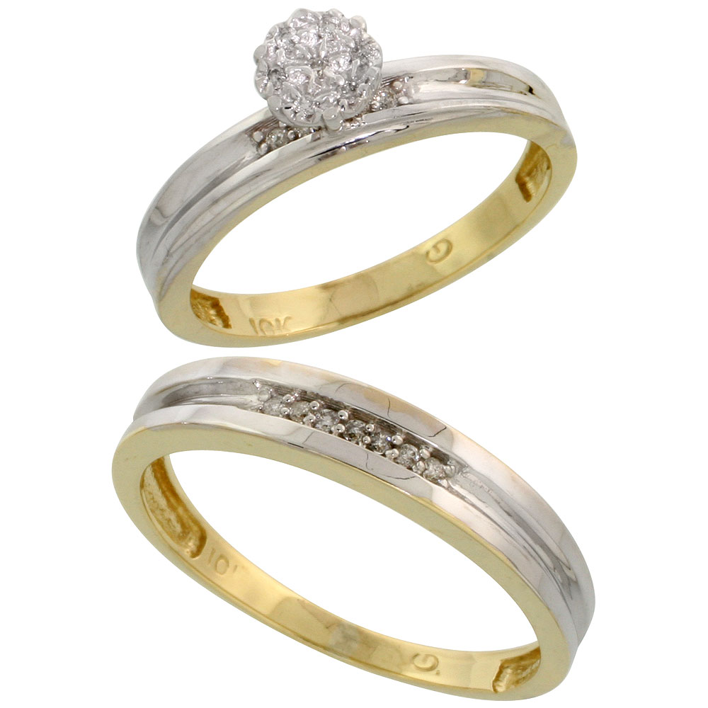 10k Yellow Gold Diamond Engagement Rings Set for Men and Women 2-Piece 0.10 cttw Brilliant Cut, 4 mm &amp; 3.5 mm wide