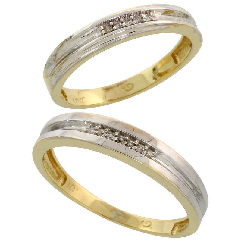10k Yellow Gold Diamond Wedding Rings Set for him 4 mm and her 3.5 mm 2-Piece 0.07 cttw Brilliant Cut, ladies sizes 5 ï¿½ 10, mens