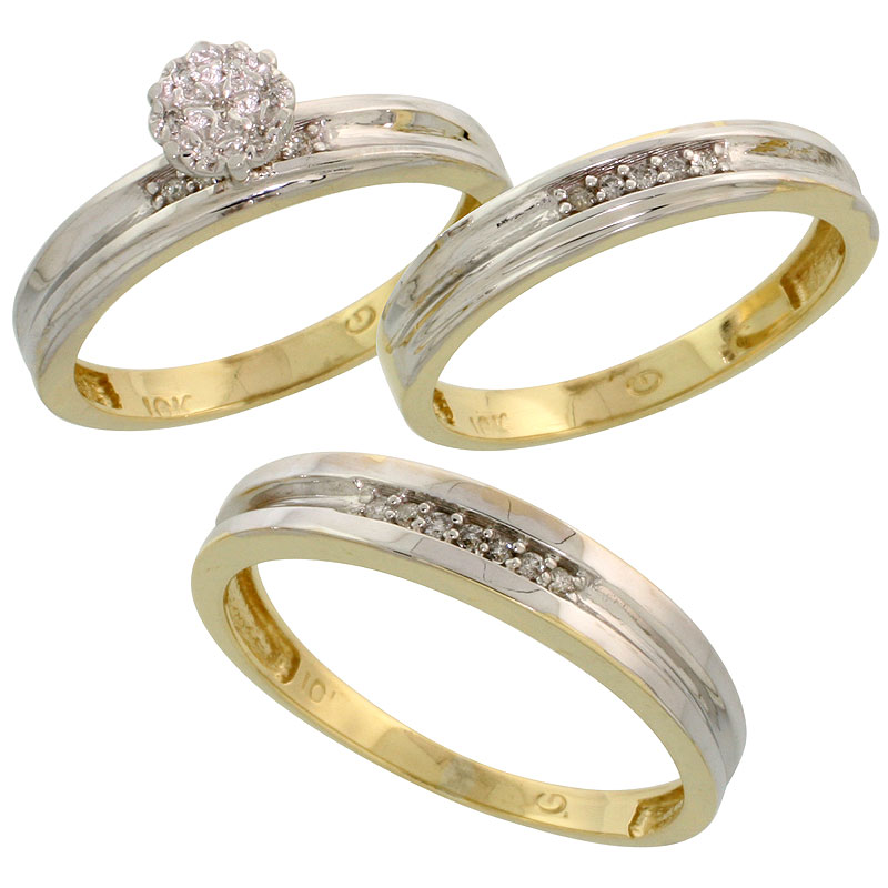 10k Yellow Gold Diamond Trio Engagement Wedding Ring Set for Him and Her 3-piece 4 mm & 3.5 mm wide 0.13 cttw Brilliant Cut, lad
