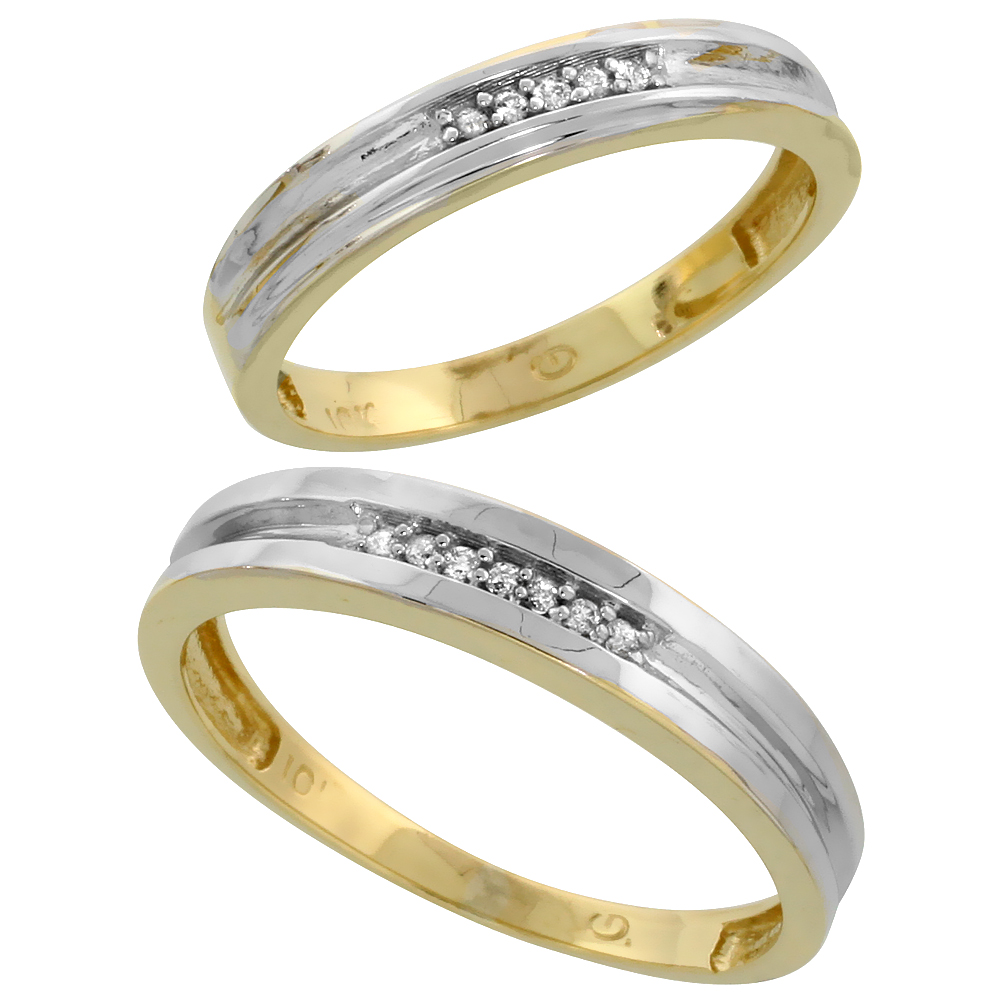 10k Yellow Gold Diamond 2 Piece Wedding Ring Set His 4mm &amp; Hers 3.5mm, Men&#039;s Size 8 to 14