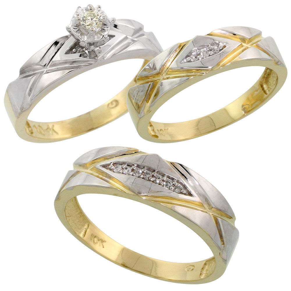 10k Yellow Gold Diamond Trio Wedding Ring Set His 6mm &amp; Hers 5mm, Men&#039;s Size 8 to 14