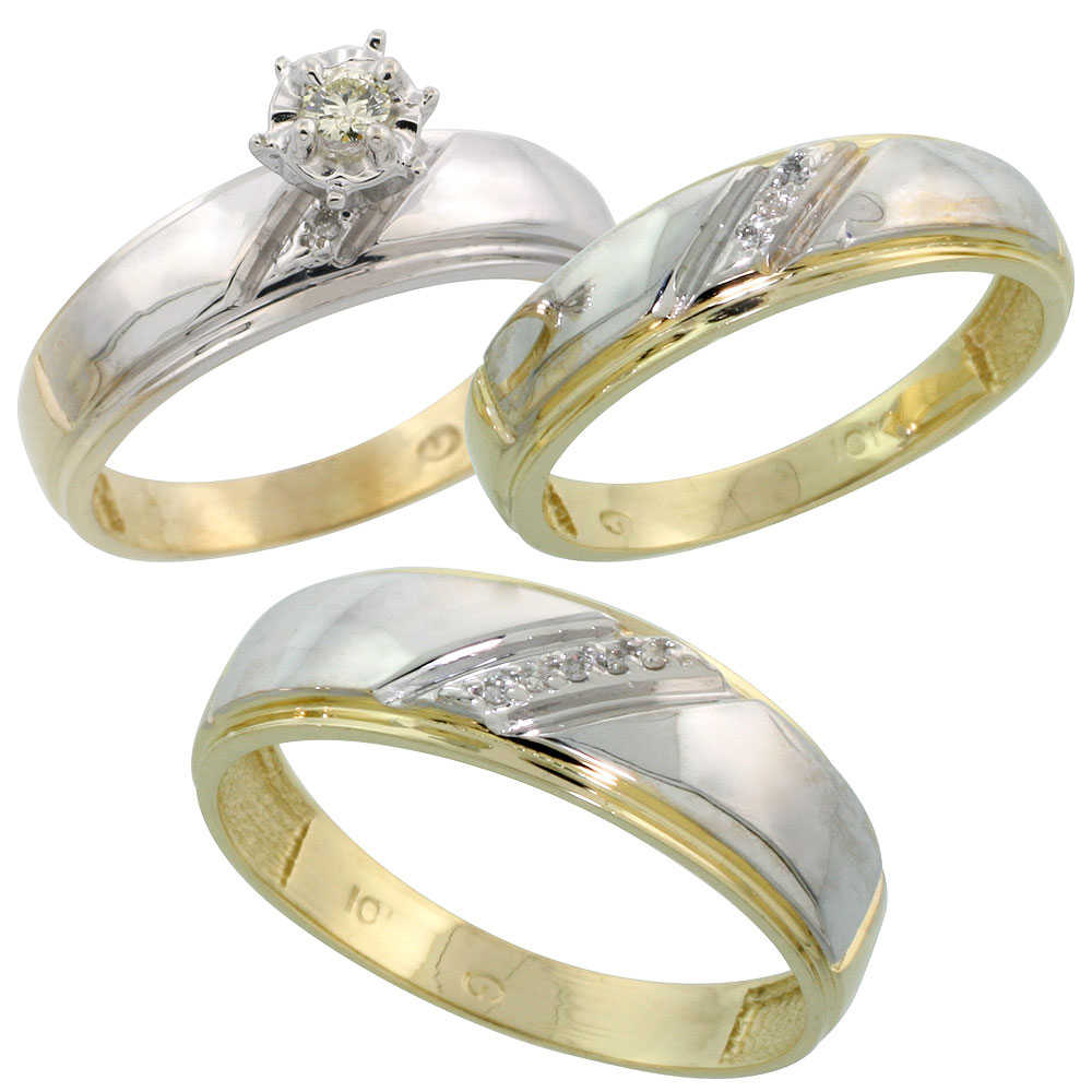 10k Yellow Gold Diamond Trio Wedding Ring Set His 7mm &amp; Hers 5.5mm, Men&#039;s Size 8 to 14