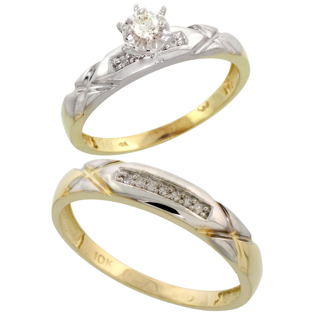 10k Yellow Gold 2-Piece Diamond wedding Engagement Ring Set for Him and Her, 3.5mm & 4mm wide