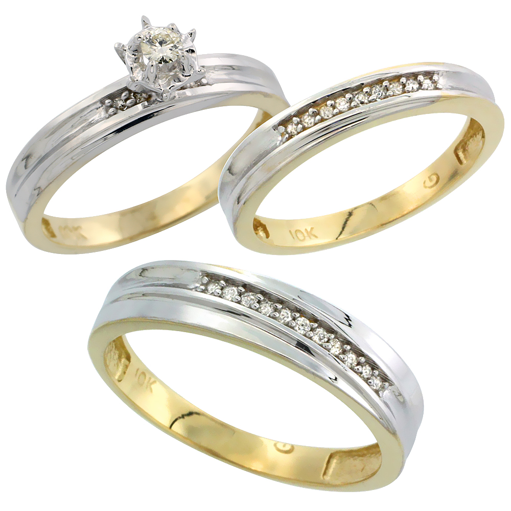 10k Yellow Gold Diamond Trio Wedding Ring Set His 5mm &amp; Hers 3mm, Men&#039;s Size 8 to 14