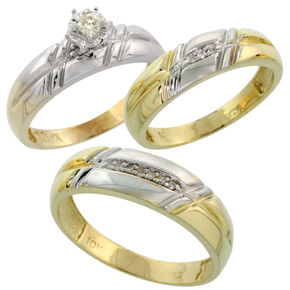 10k Yellow Gold Diamond Trio Wedding Ring Set His 6mm &amp; Hers 5.5mm, Men&#039;s Size 8 to 14