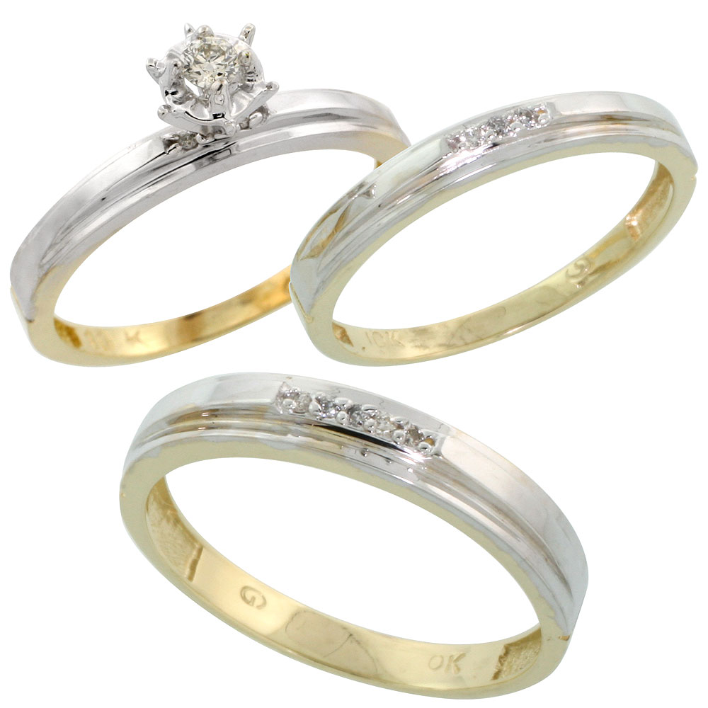 10k Yellow Gold Diamond Trio Wedding Ring Set His 4mm &amp; Hers 3mm, Men&#039;s Size 8 to 14