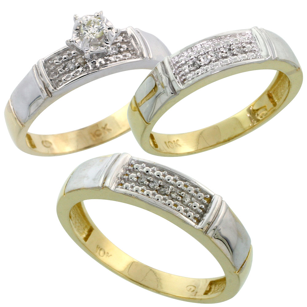 10k Yellow Gold Diamond Trio Wedding Ring Set His 5mm &amp; Hers 4.5mm, Men&#039;s Size 8 to 14