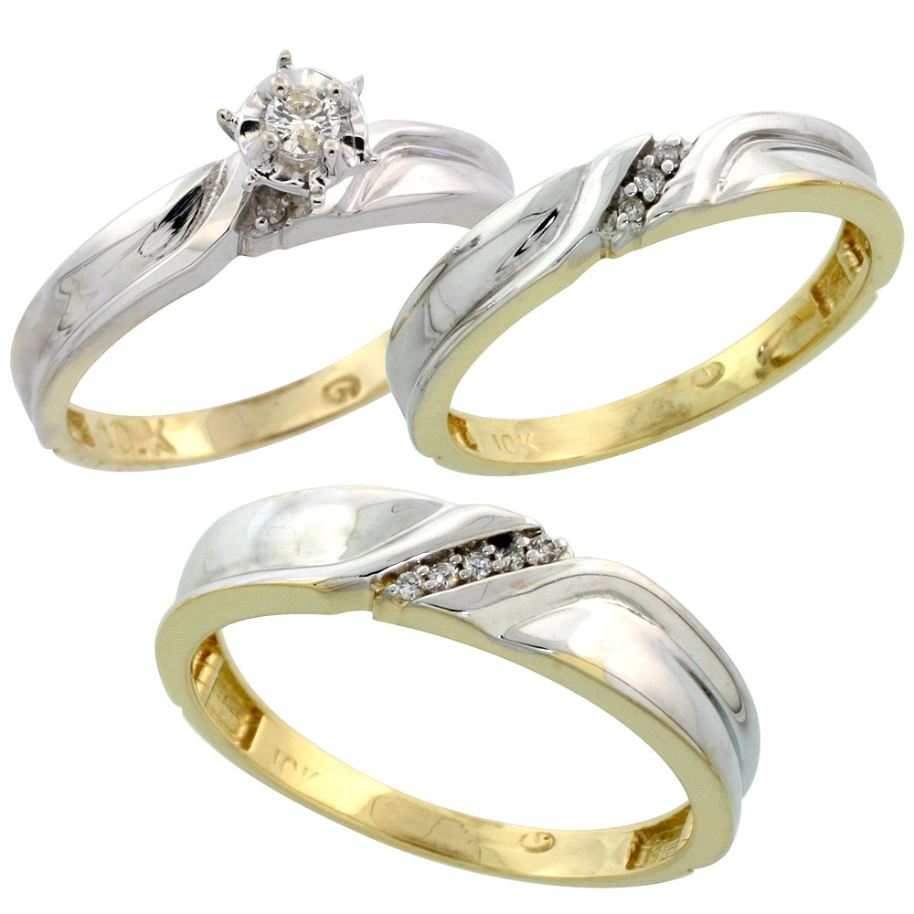 10k Yellow Gold Diamond Trio Wedding Ring Set His 5mm &amp; Hers 3.5mm, Men&#039;s Size 8 to 14