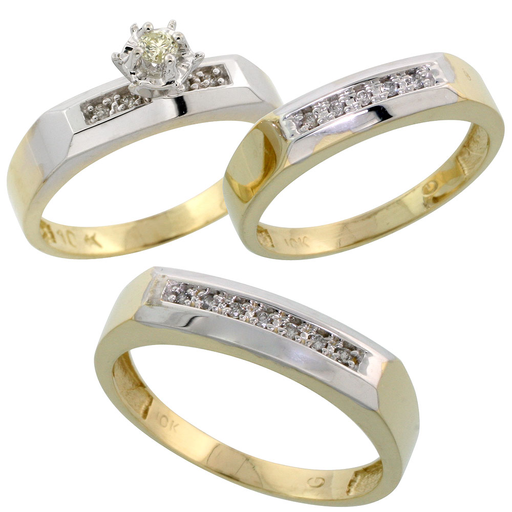 10k Yellow Gold Diamond Trio Wedding Ring Set His 5mm &amp; Hers 4.5mm, Men&#039;s Size 8 to 14
