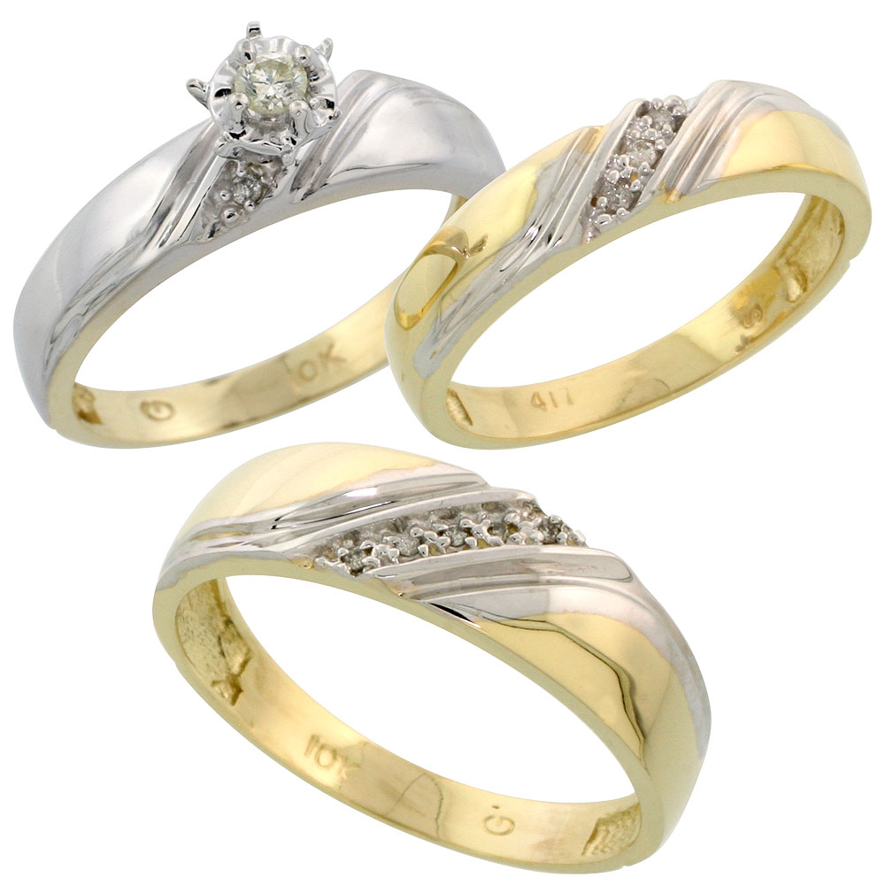 10k Yellow Gold Diamond Trio Wedding Ring Set His 6mm &amp; Hers 4.5mm, Men&#039;s Size 8 to 14