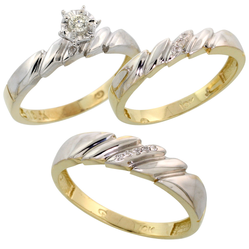 10k Yellow Gold Diamond Trio Wedding Ring Set His 5mm &amp; Hers 4mm, Men&#039;s Size 8 to 14
