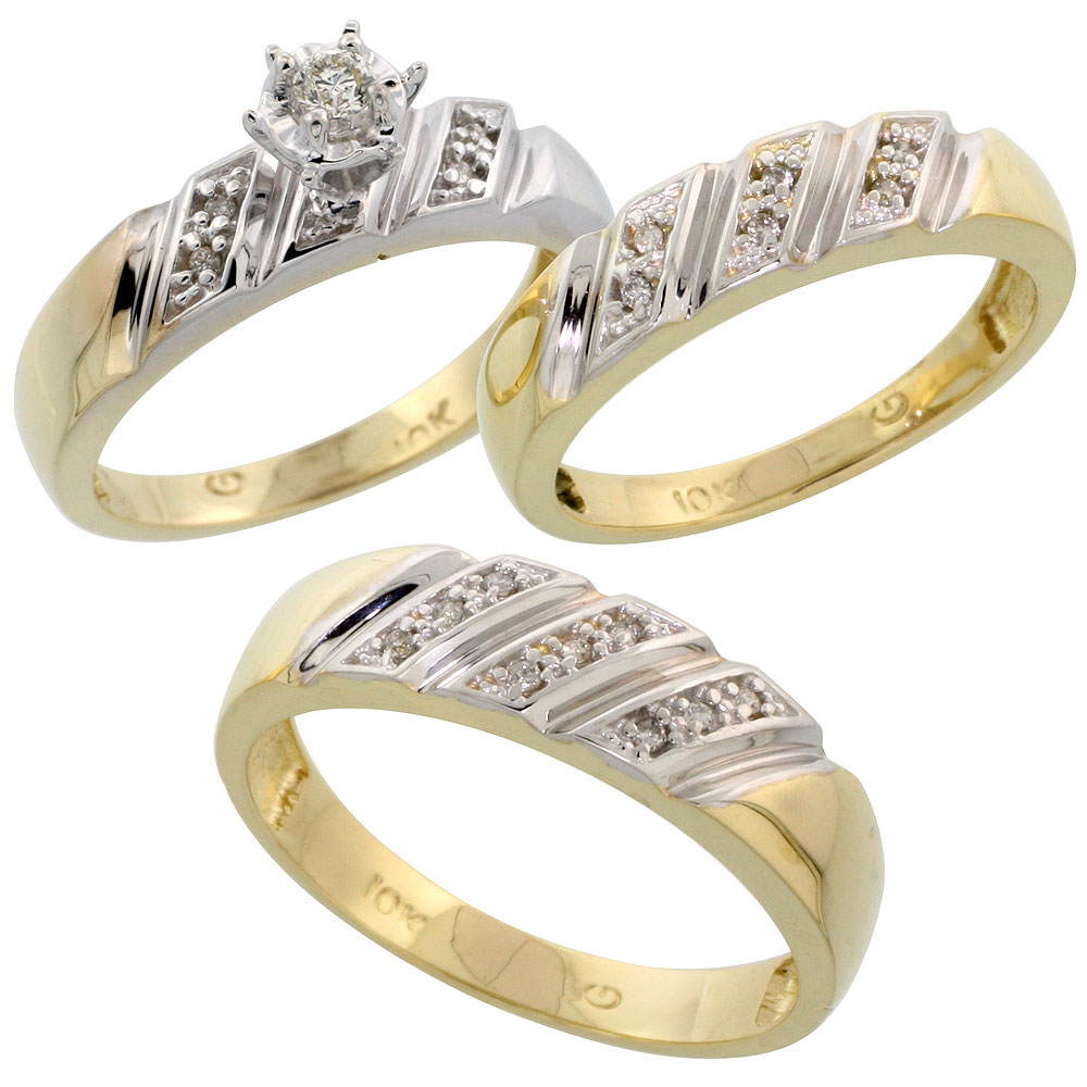 10k Yellow Gold Diamond Trio Wedding Ring Set His 6mm & Hers 5mm, Men's Size 8 to 14
