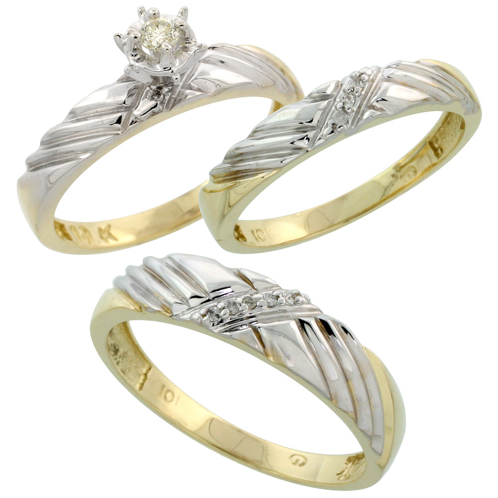 10k Yellow Gold Diamond Trio Wedding Ring Set His 5mm & Hers 3.5mm, Men's Size 8 to 14
