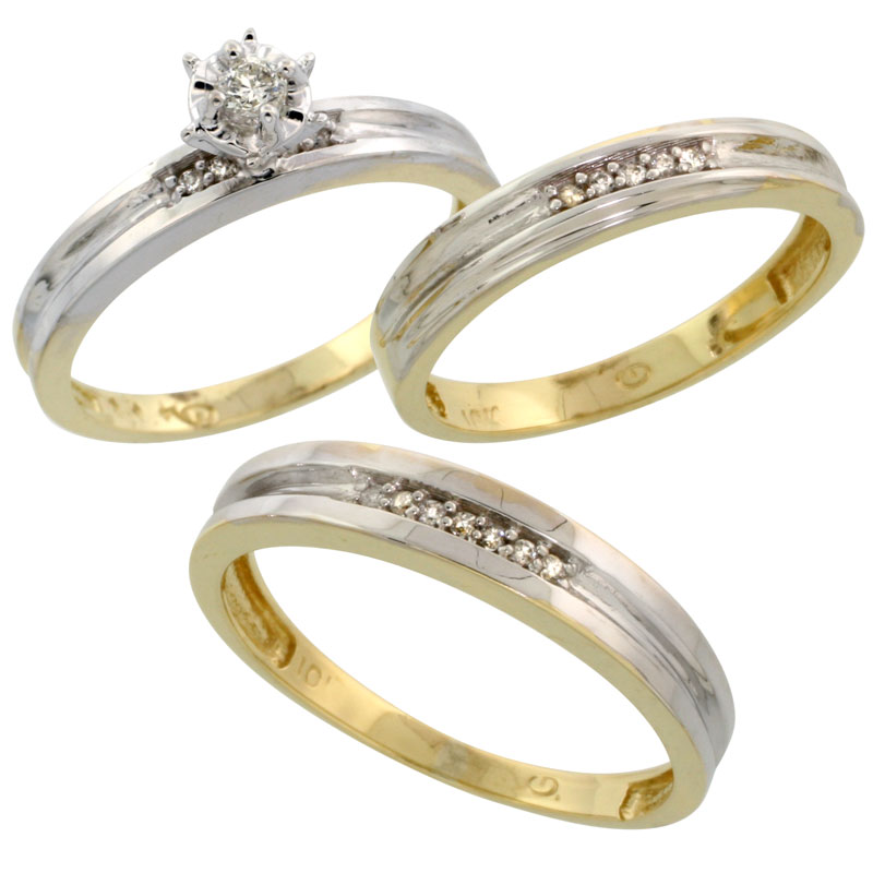 10k Yellow Gold Diamond Trio Wedding Ring Set His 4mm &amp; Hers 3.5mm, Men&#039;s Size 8 to 14