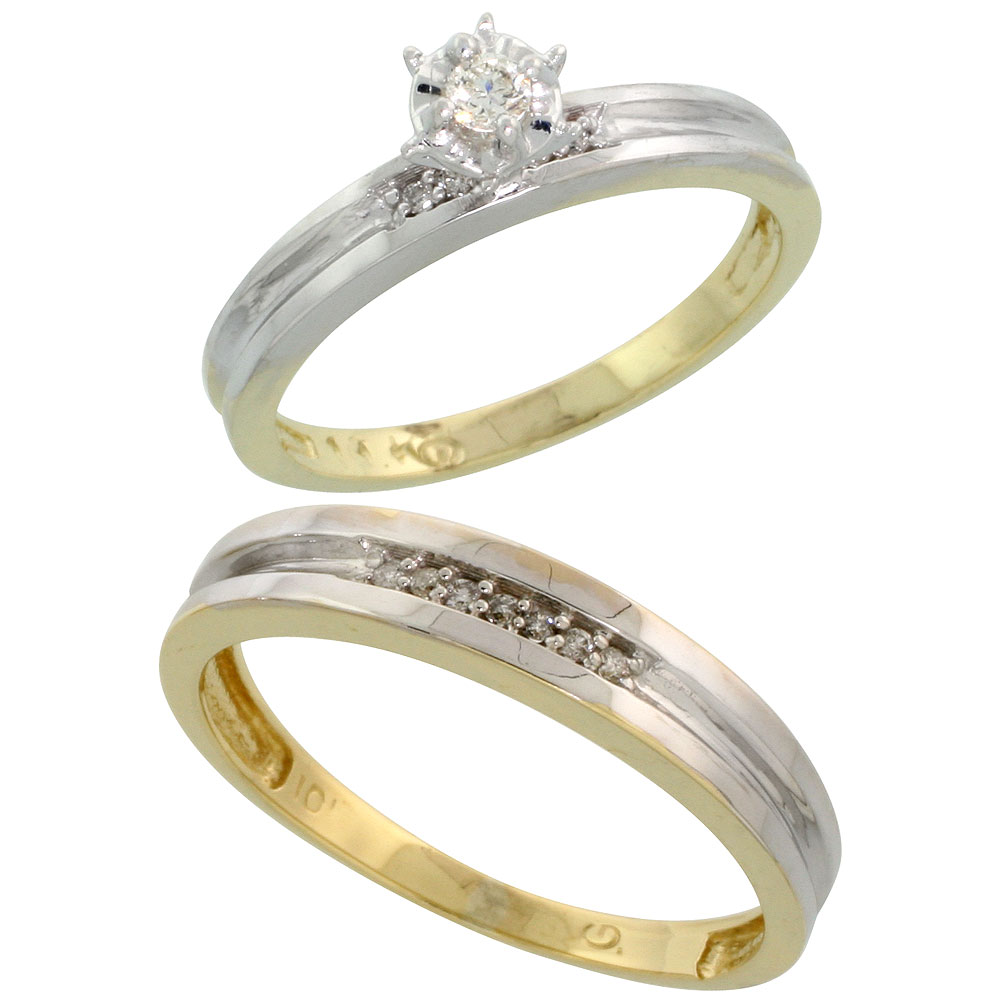 10k Yellow Gold 2-Piece Diamond wedding Engagement Ring Set for Him and Her, 3.5mm &amp; 4mm wide