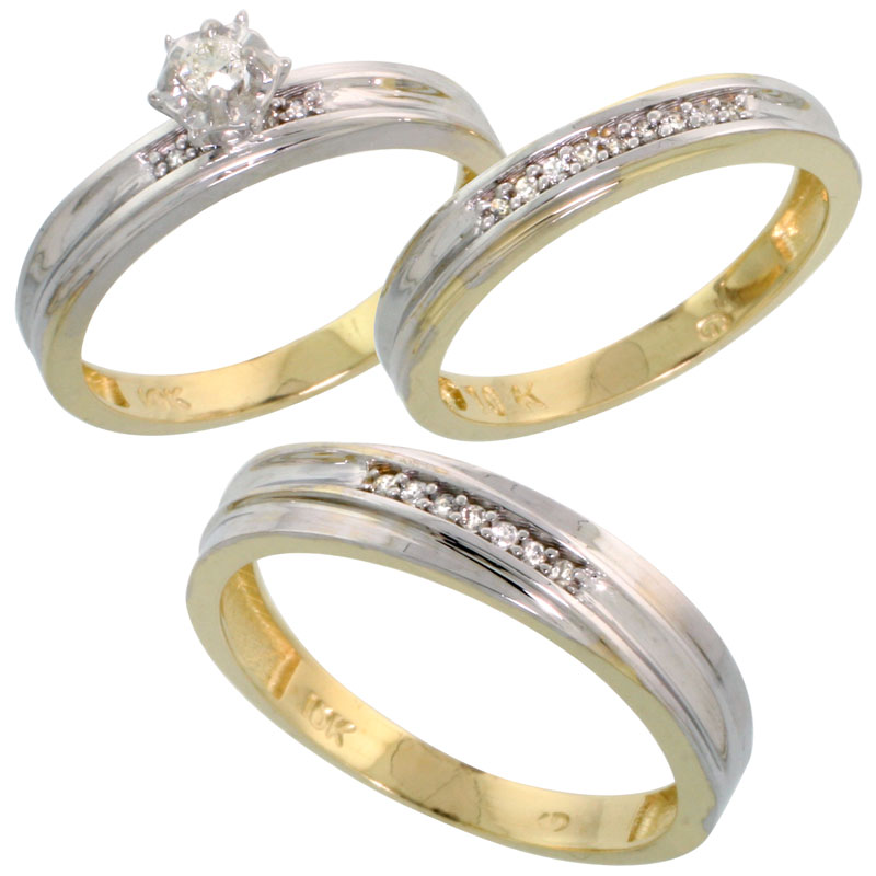 10k Yellow Gold Diamond Trio Wedding Ring Set His 5mm &amp; Hers 3.5mm, Men&#039;s Size 8 to 14
