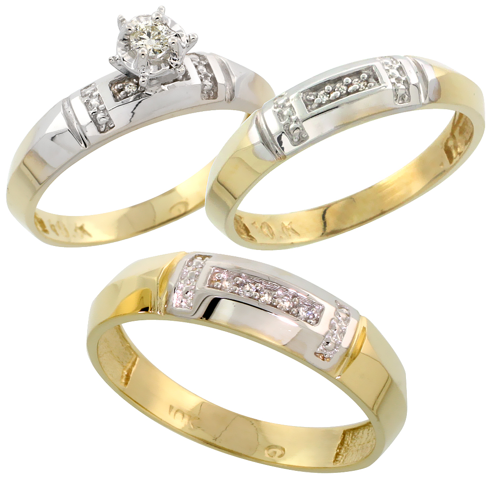 10k Yellow Gold Diamond Trio Wedding Ring Set His 5.5mm &amp; Hers 4mm, Men&#039;s Size 8 to 14