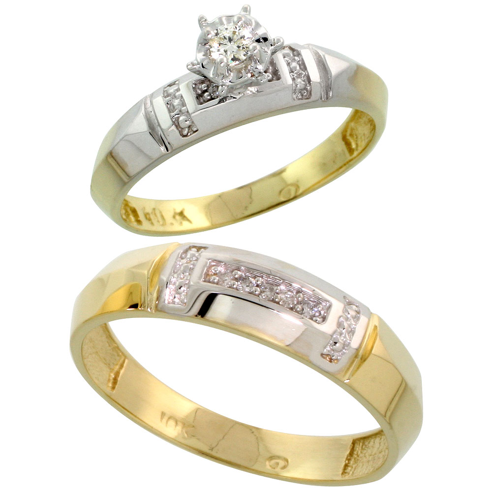 10k Yellow Gold 2-Piece Diamond wedding Engagement Ring Set for Him and Her, 4mm & 5.5mm wide