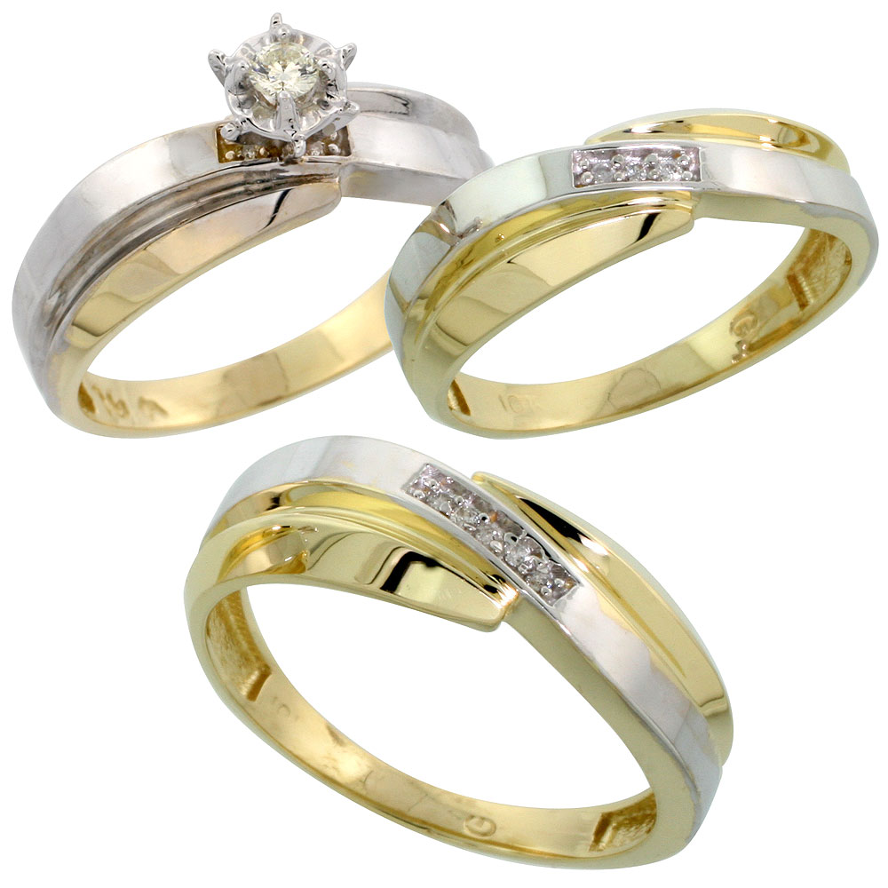 10k Yellow Gold Diamond Trio Wedding Ring Set His 7mm &amp; Hers 6mm, Men&#039;s Size 8 to 14