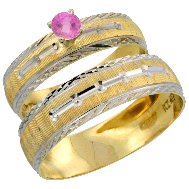 10k Gold 2-Piece 0.25 Carat Pink Sapphire Ring Set (Engagement Ring & Man's Wedding Band) Diamond-cut Pattern Rhodium Accent, (4