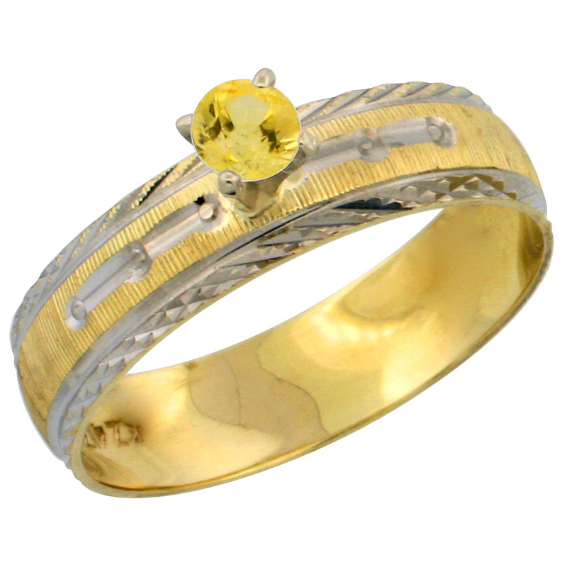 10k Gold Ladies' Solitaire 0.25 Carat Yellow Sapphire Engagement Ring Diamond-cut Pattern Rhodium Accent, 3/16 in. (4.5mm) wide,