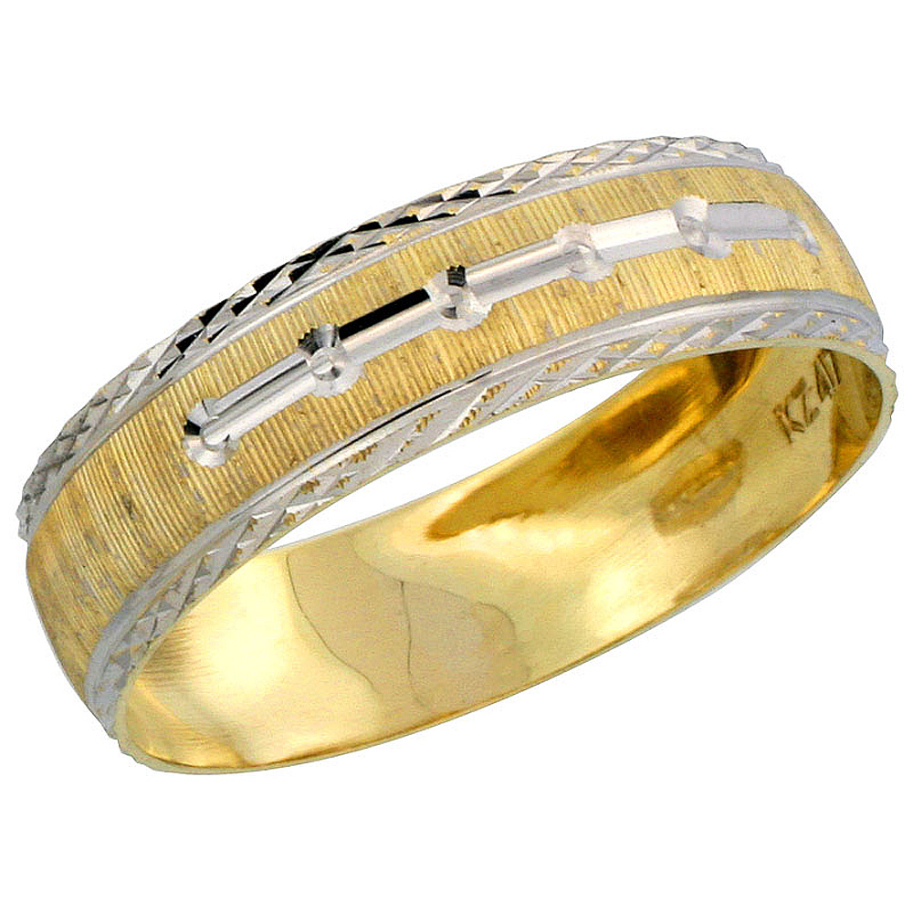 10k Gold Men's Wedding Band Ring Diamond-cut Pattern Rhodium Accent, 7/32 in. (5.5mm) wide, Sizes 8 - 14