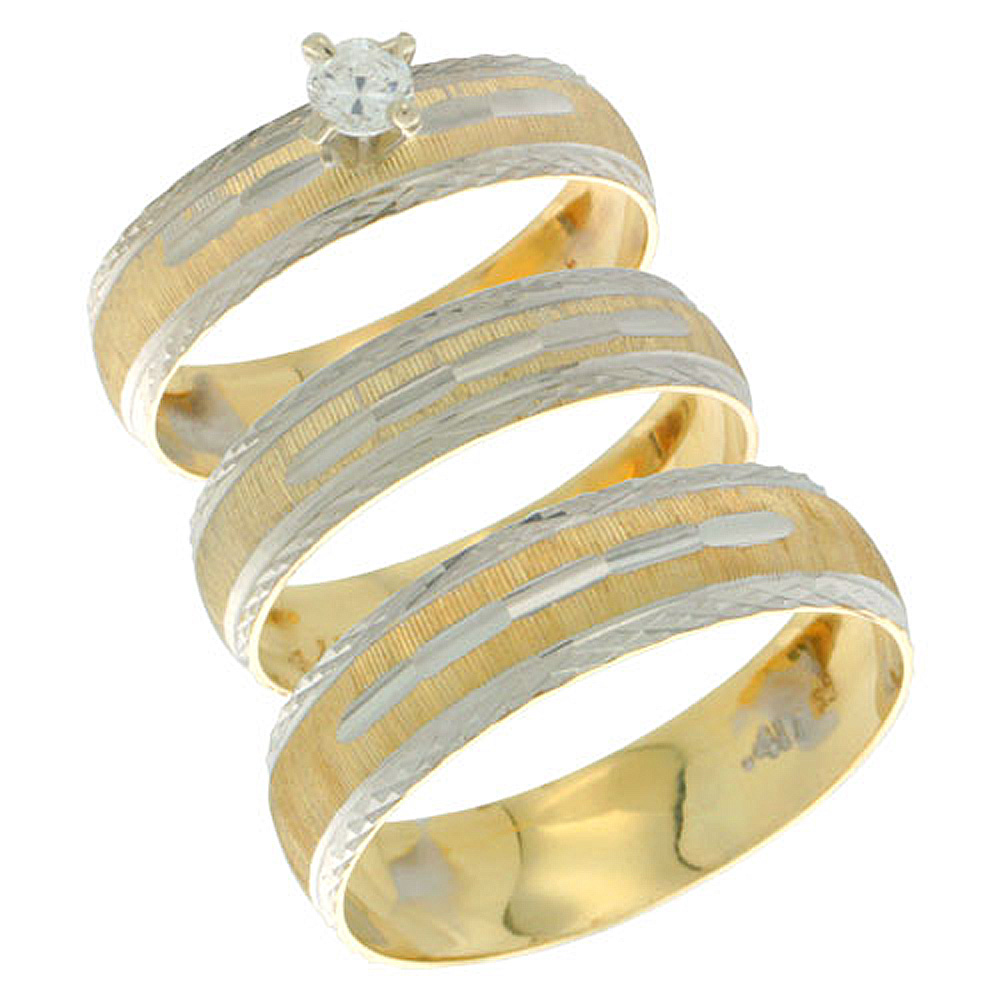 10k Gold 3-Piece Trio Diamond Wedding Ring Set Him & Her 0.10 ct Rhodium Accent Diamond-cut Pattern , Ladies Sizes 5 - 10 & Men'