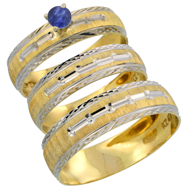 10k Gold 3-Piece Trio Blue Sapphire Wedding Ring Set Him & Her 0.10 ct Rhodium Accent Diamond-cut Pattern, Ladies Sizes 5 - 10 &