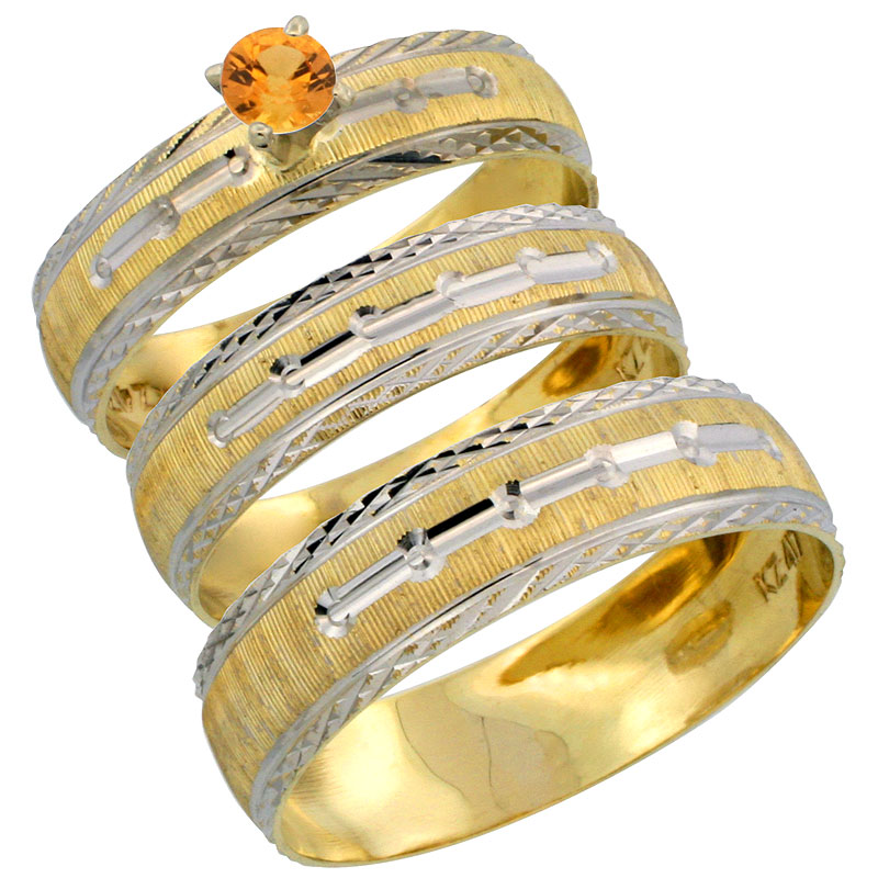 10k Gold 3-Piece Trio Orange Sapphire Wedding Ring Set Him & Her 0.10 ct Rhodium Accent Diamond-cut Pattern, Ladies Sizes 5 - 10