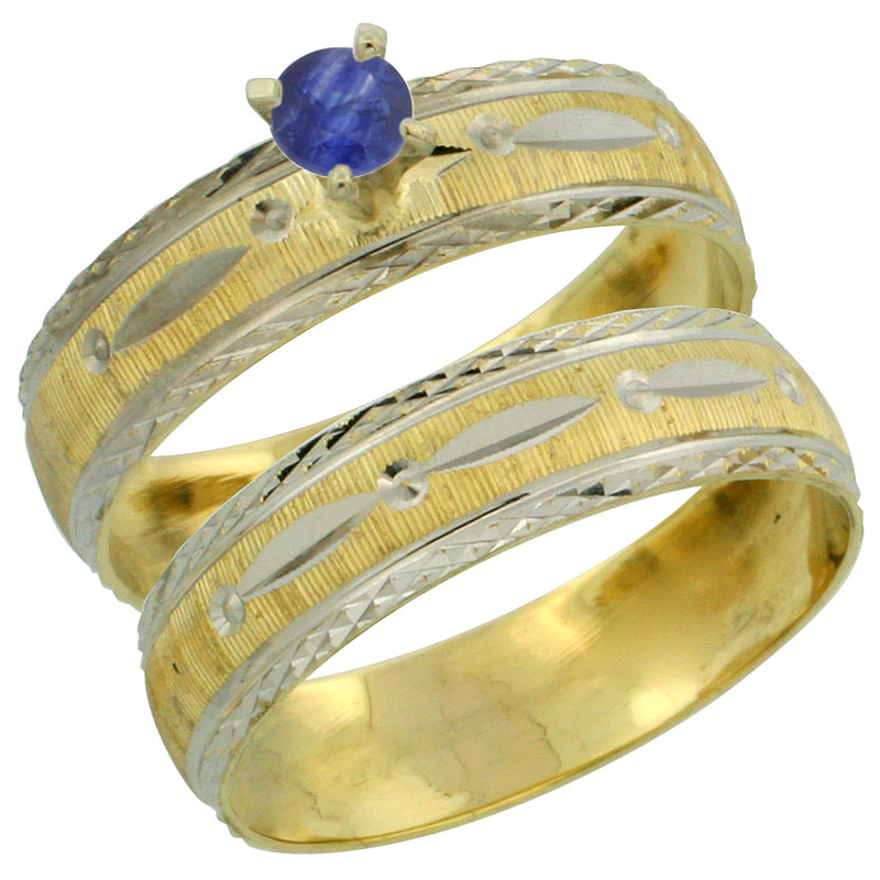 10k Gold Ladies' 2-Piece 0.25 Carat Deep Blue Sapphire Engagement Ring Set Diamond-cut Pattern Rhodium Accent, 3/16 in. (4.5mm) 