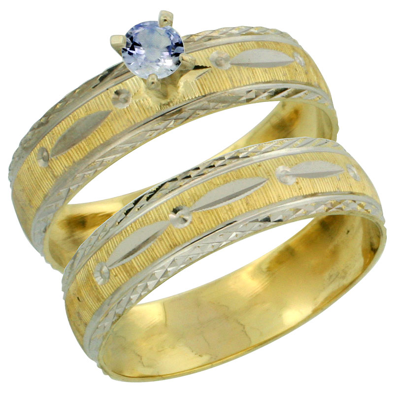 10k Gold Ladies' 2-Piece 0.25 Carat Light Blue Sapphire Engagement Ring Set Diamond-cut Pattern Rhodium Accent, 3/16 in. (4.5mm)