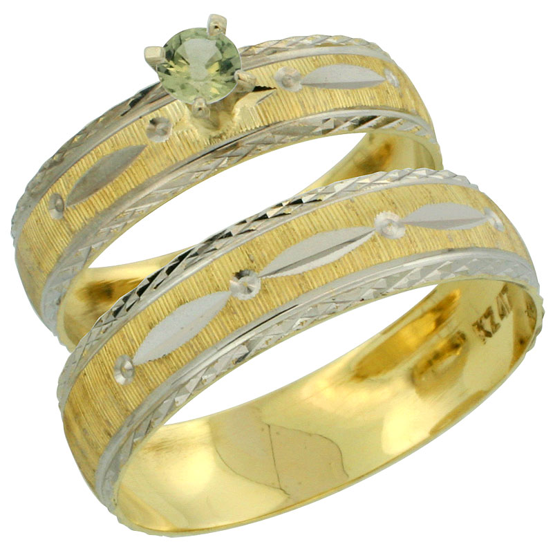 10k Gold 2-Piece 0.25 Carat Green Sapphire Ring Set (Engagement Ring & Man's Wedding Band) Diamond-cut Pattern Rhodium Accent, (