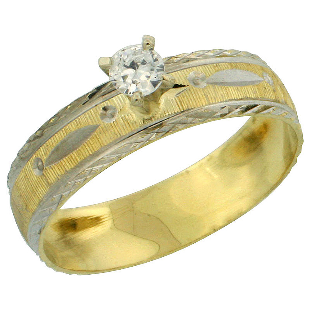 10k Gold Solitaire Diamond Engagement Ring 0.10 ct Diamond-cut Pattern Rhodium Accent, 3/16 in. (4.5mm) wide, Sizes 5 - 10