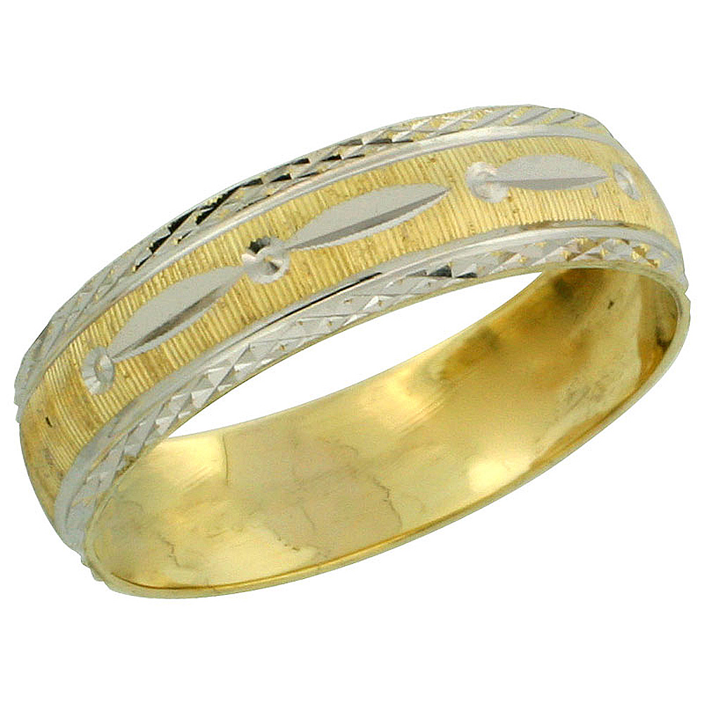 10k Gold Ladies' Wedding Band Ring Diamond-cut Pattern Rhodium Accent, 3/16 in. (4.5mm) wide, Sizes 5 - 10