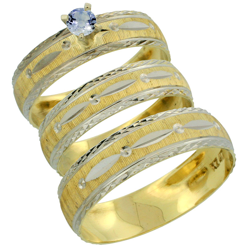 10k Gold 3-Piece Trio Light Blue Sapphire Wedding Ring Set Him & Her 0.10 ct Rhodium Accent Diamond-cut Pattern, Ladies Sizes 5 