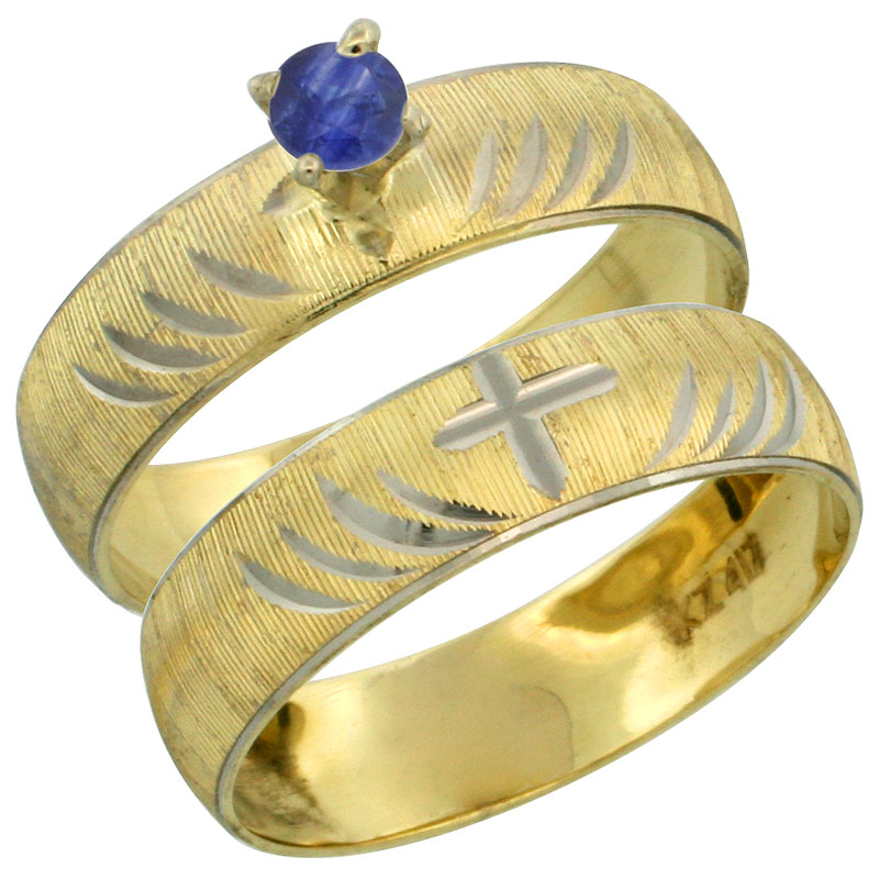 10k Gold Ladies&#039; 2-Piece 0.25 Carat Deep Blue Sapphire Engagement Ring Set Diamond-cut Pattern Rhodium Accent, 3/16 in. (4.5mm) wide, Sizes 5 - 10
